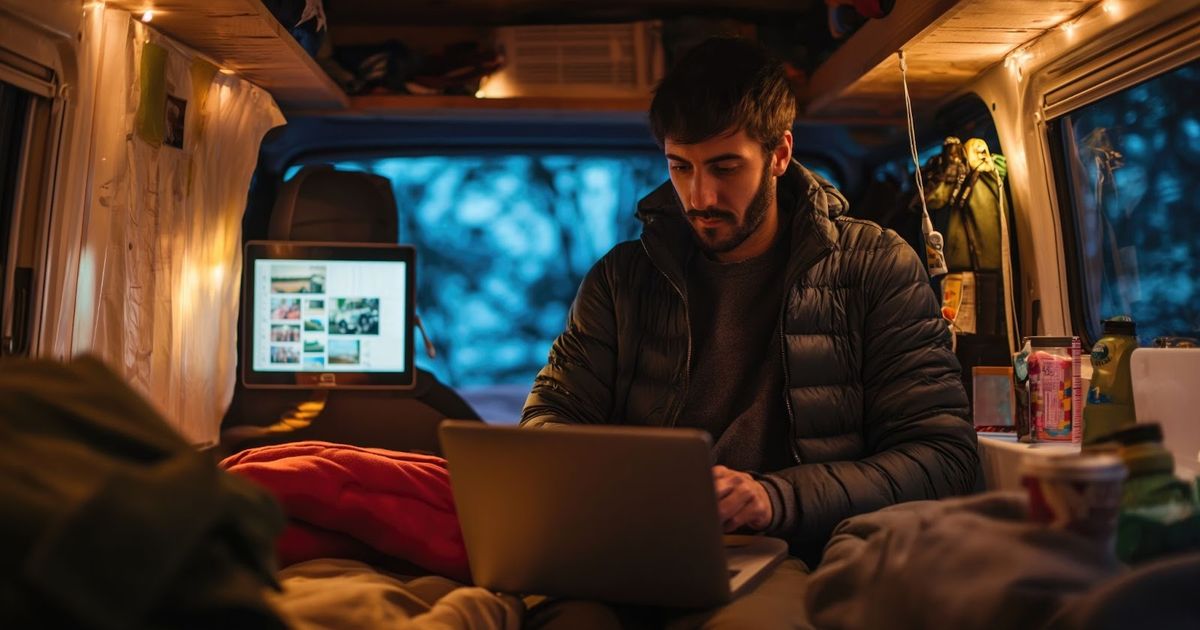 Man working on laptop inside a van at night, with warm lighting and a tablet displaying photos visible in the background.
