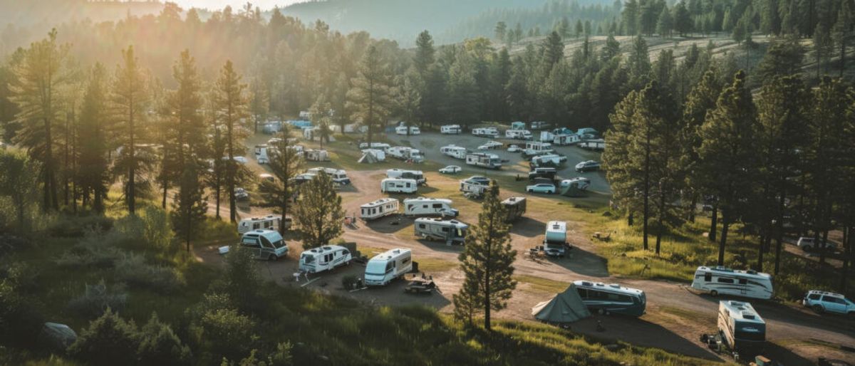 Aerial view of a sprawling campground filled with RVs and trailers nestled among tall pine trees in a mountainous forest landscape during golden hour.