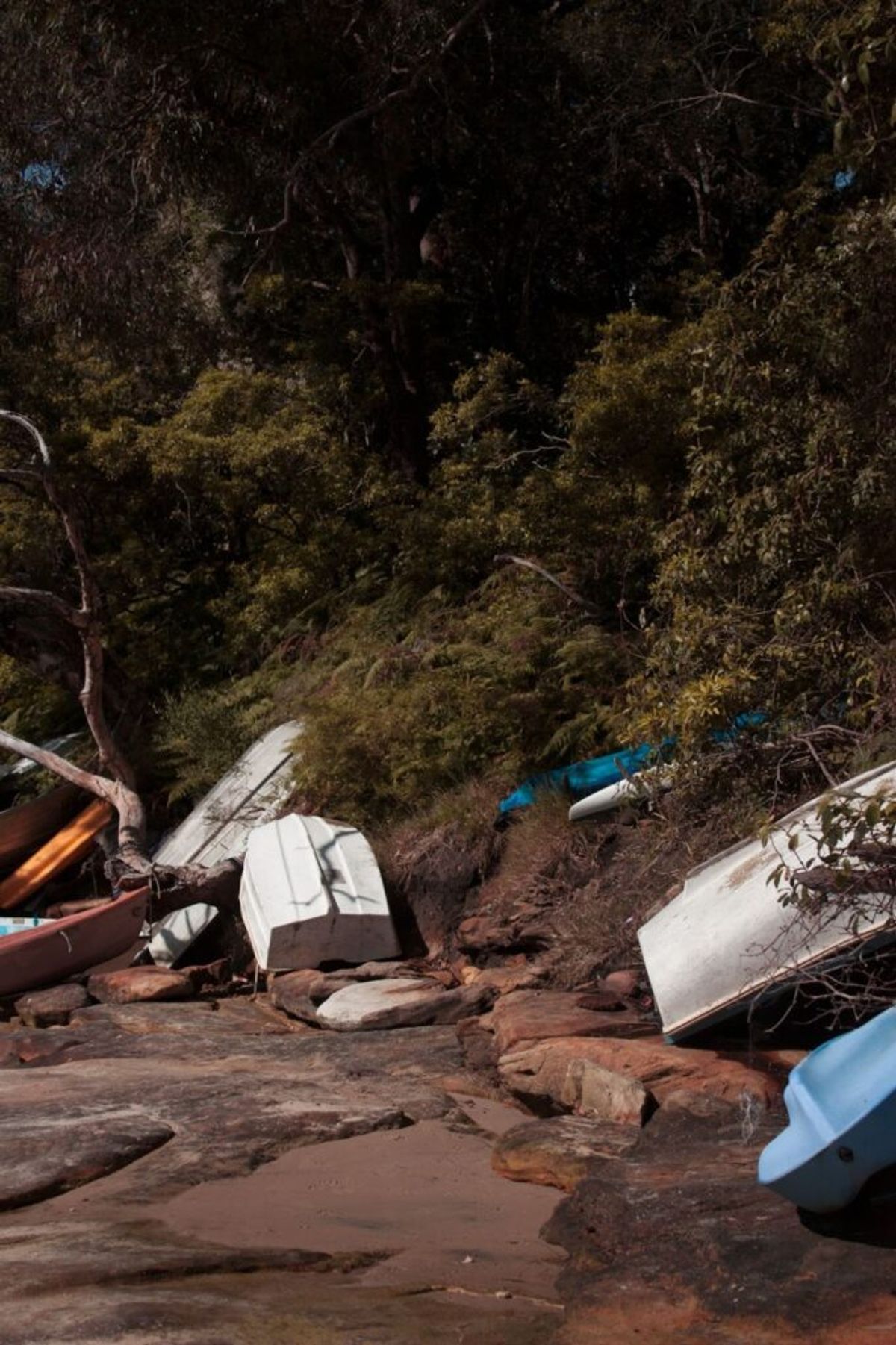 Overturned and damaged boats scattered among rocks and overgrown vegetation near water, showing aftermath of severe weather or flooding.