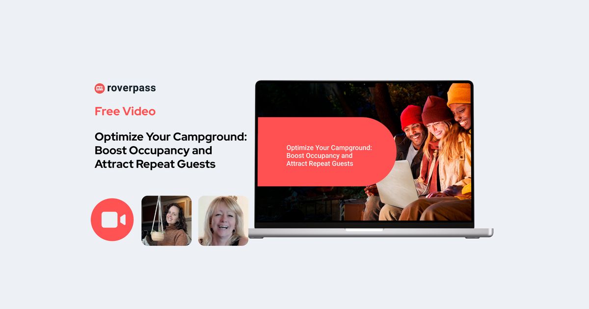 Roverpass free video thumbnail showing three people in winter clothing around a campfire at night, displayed on a laptop screen with red overlay text.