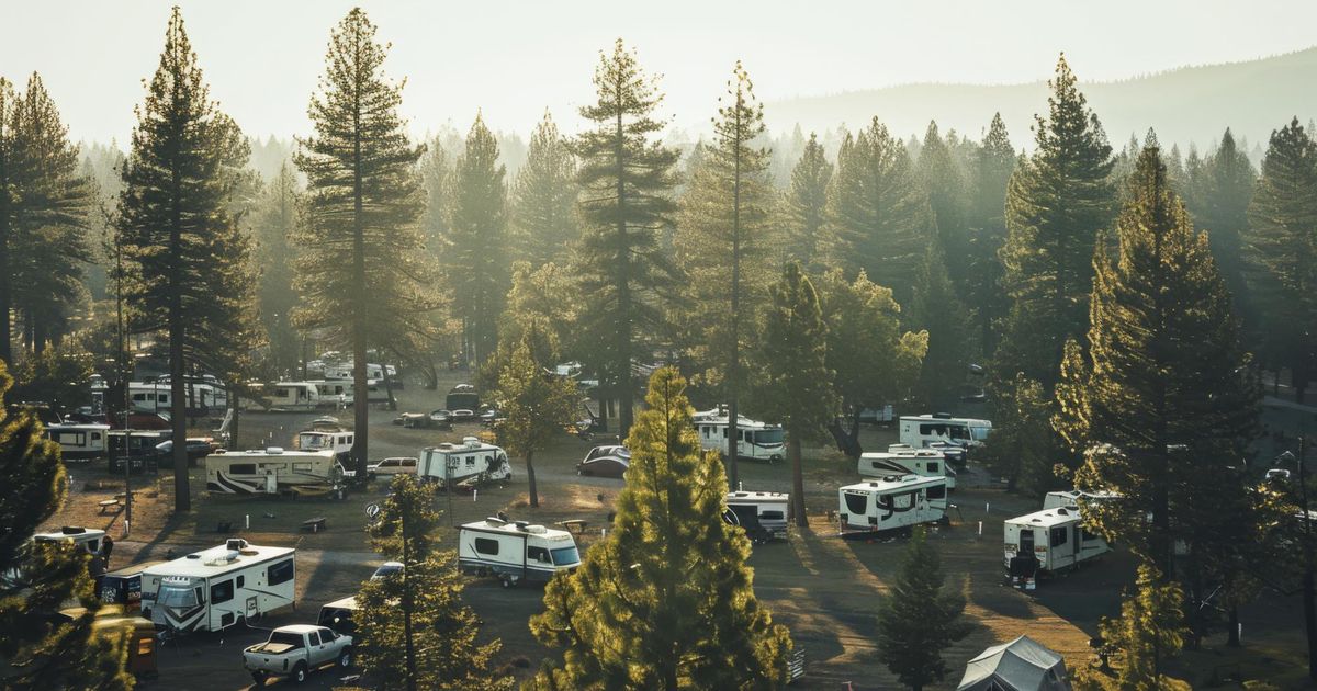 drone view of a campground with a lot of camper vans in the forest