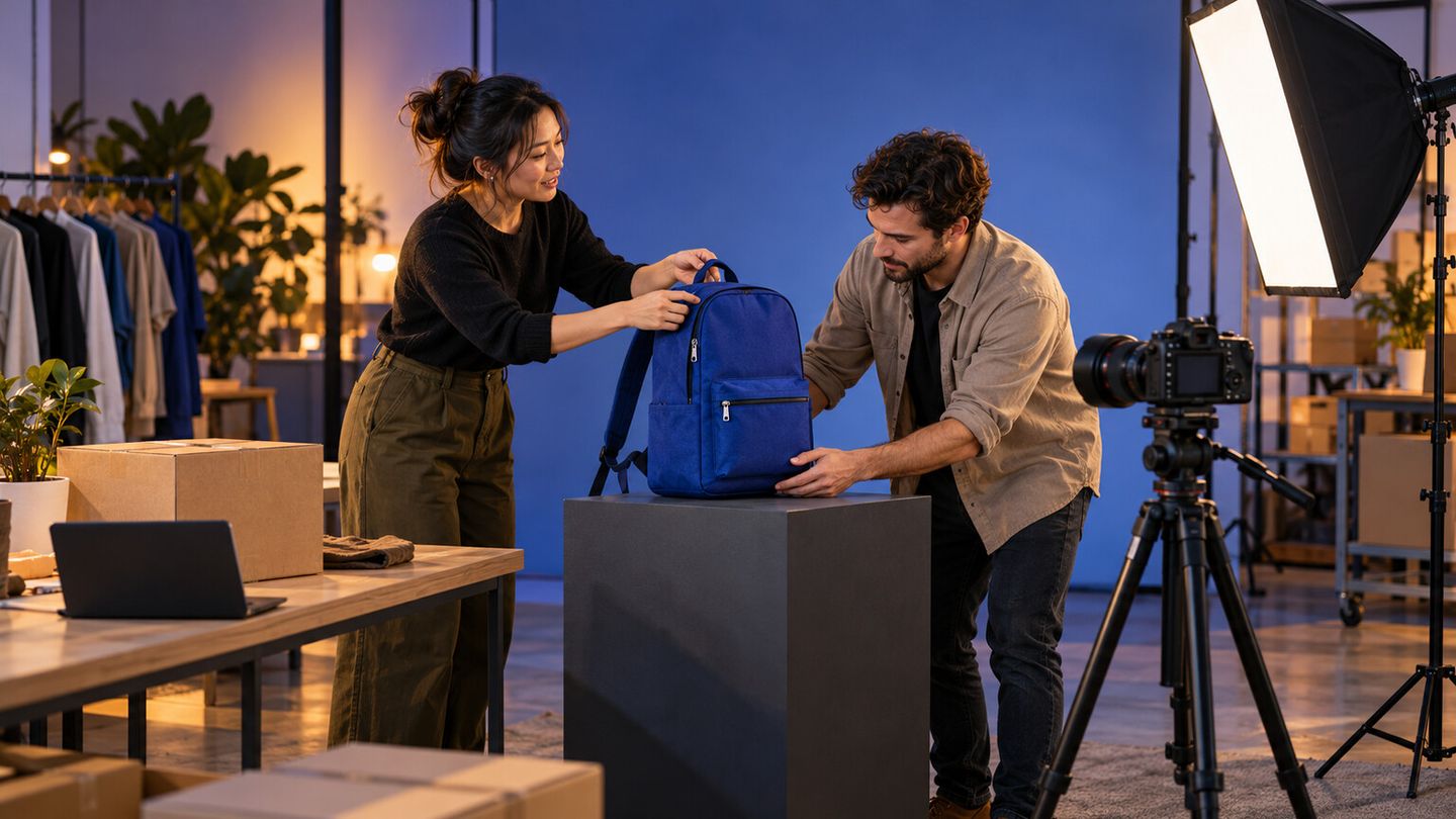 Ecommerce store operator and creative producer preparing a cobalt backpack for approved storefront and campaign photography
