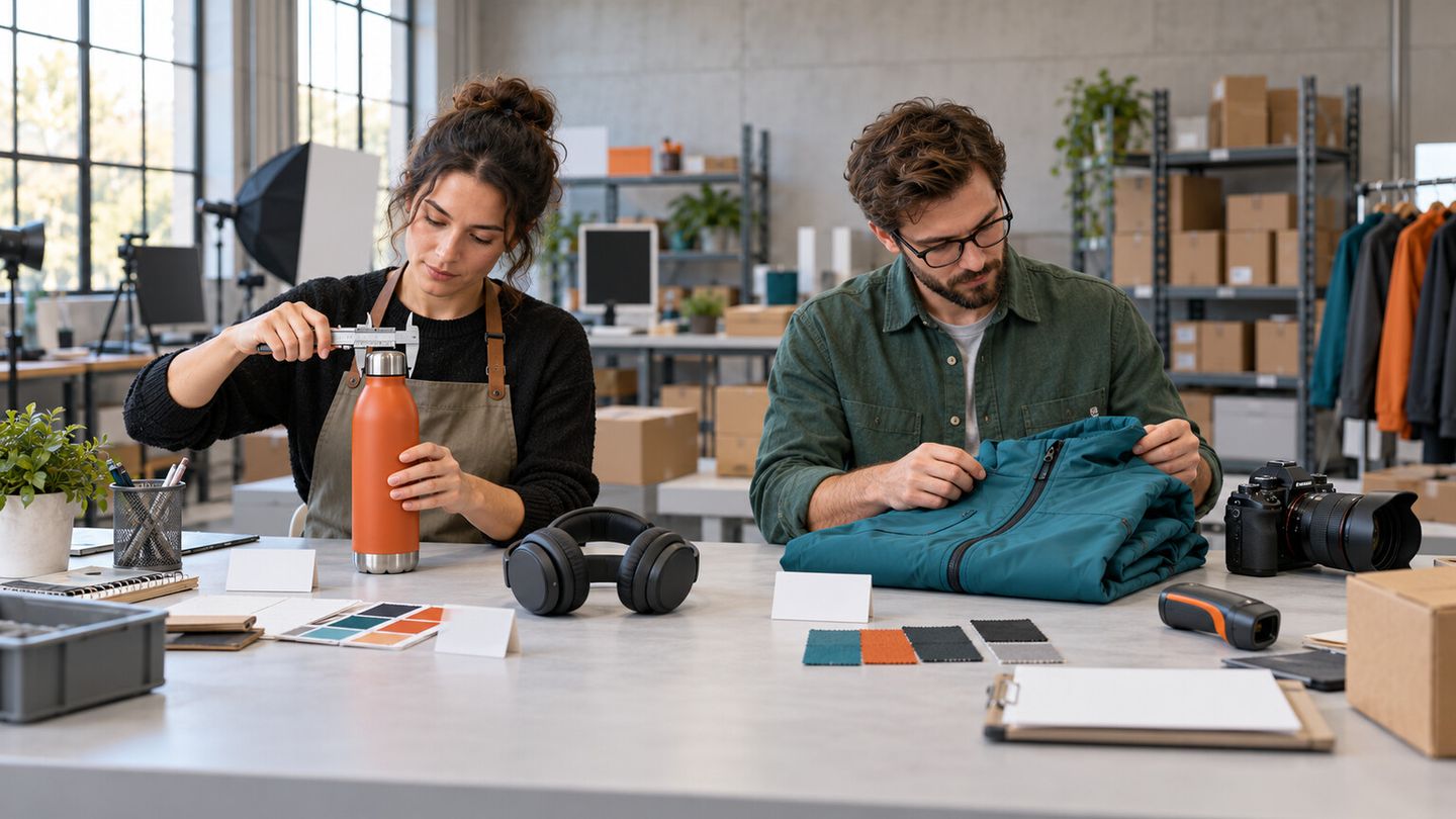 Two product information specialists measuring an orange bottle and checking a teal jacket beside catalog photography equipment