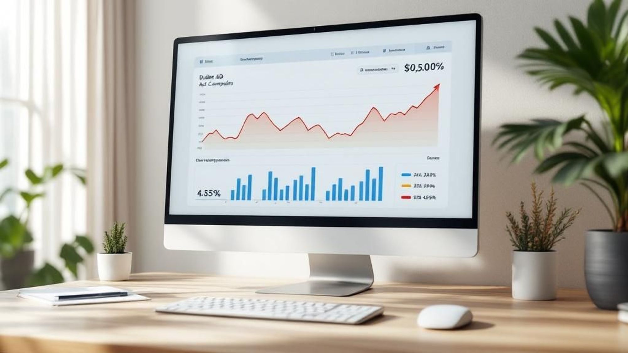 Une représentation visuelle d'un tableau de bord de campagne publicitaire payante sur un ordinateur portable, affichant des graphiques et des diagrammes indiquant une croissance rentable des ventes.