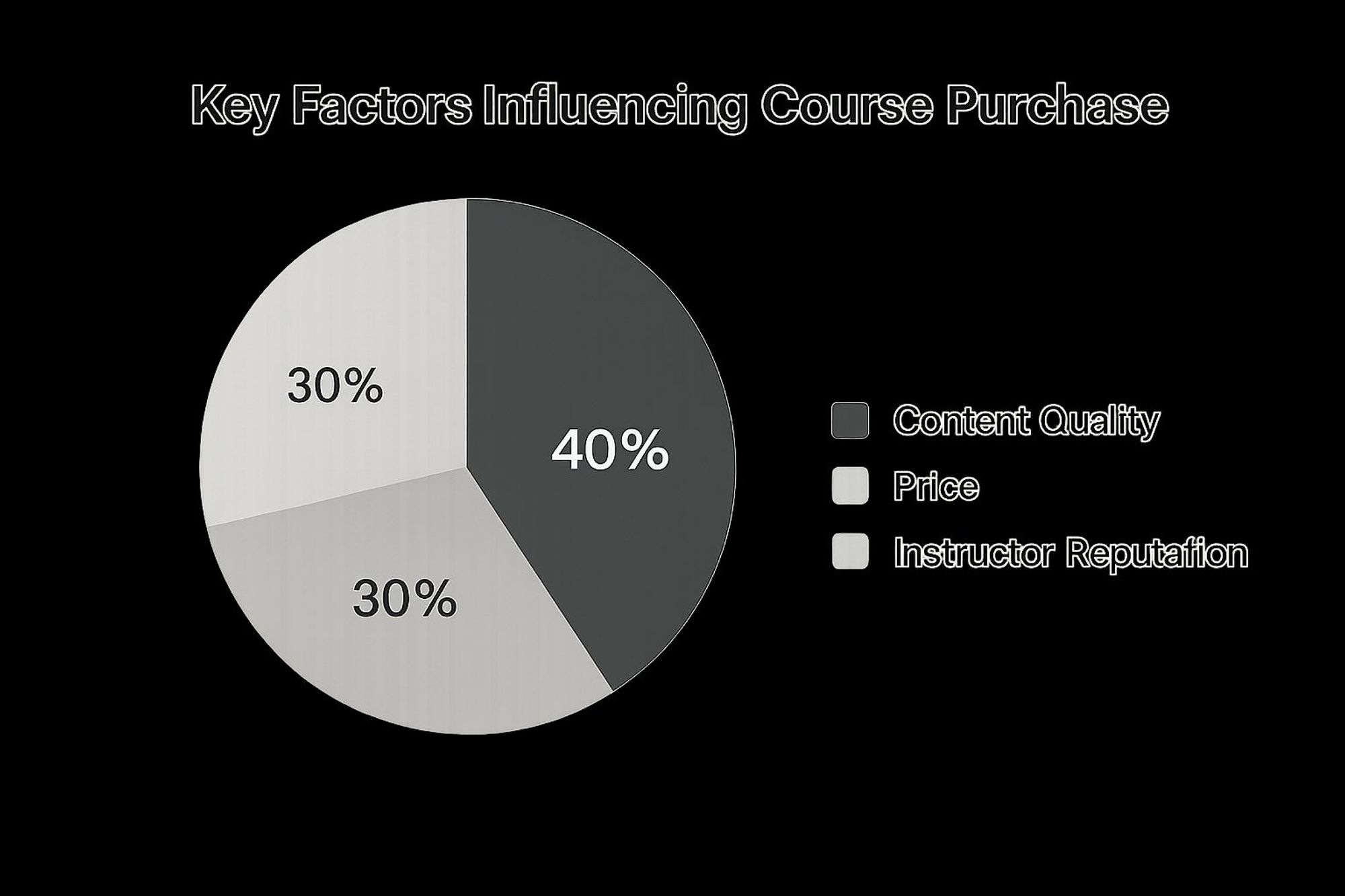 Infographie présentant un camembert avec la Qualité du Contenu à 40%, le Prix à 30%, et la Réputation de l'Instructeur à 30% influençant les décisions d'achat de cours.