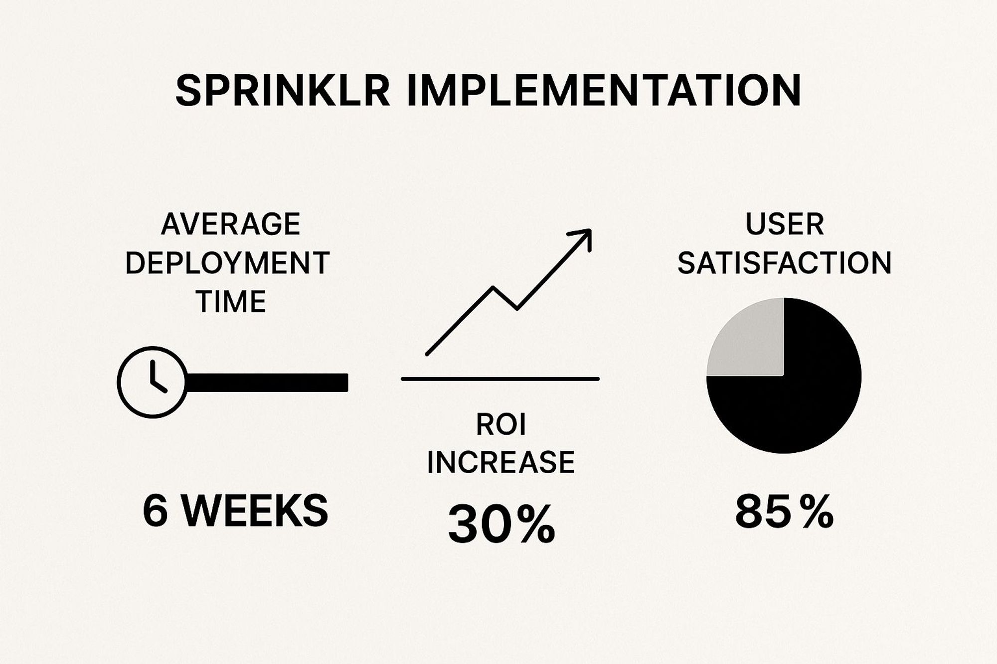 Infographic comparing Sprinklr implementation metrics: average deployment time (6 weeks), ROI increase (30%), and user satisfaction (85%).