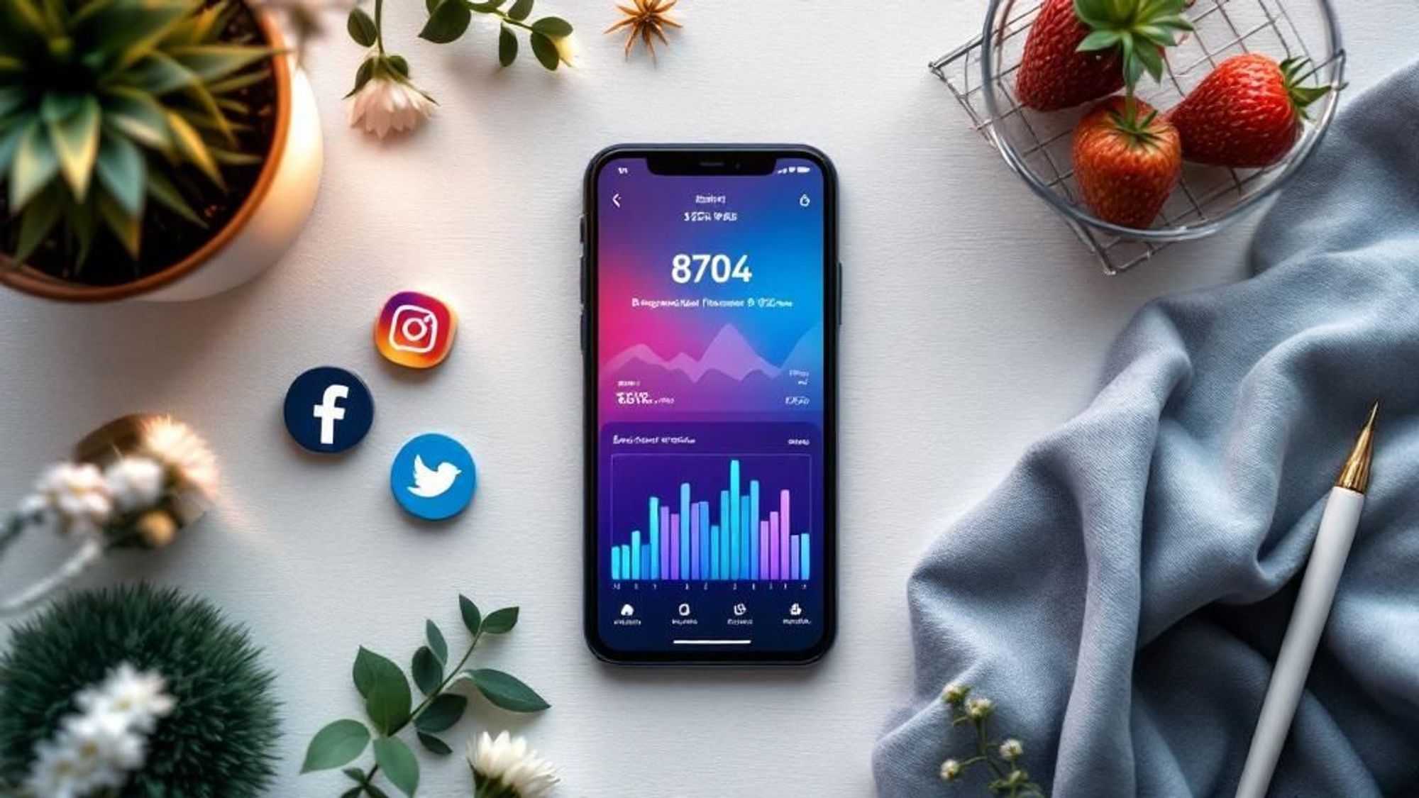 Une personne faisant défiler son fil d'actualité sur un réseau social depuis son téléphone, avec des icônes de différentes plateformes flottant autour.