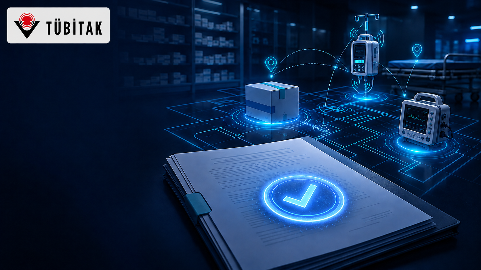 RFID ilaç ve tıbbi cihaz takip projesinin TÜBİTAK 1501 desteğine kabulünü anlatan TÜBİTAK logolu görsel