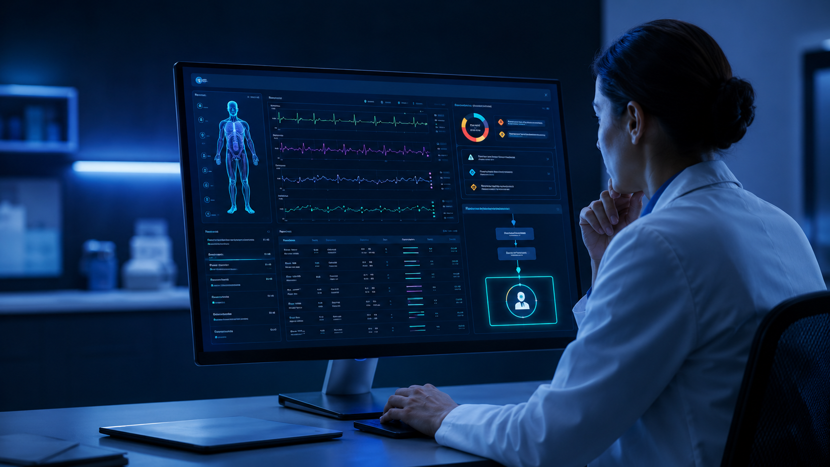 Klinik göstergeleri ve risk verilerini ekrandan değerlendiren sağlık profesyoneli