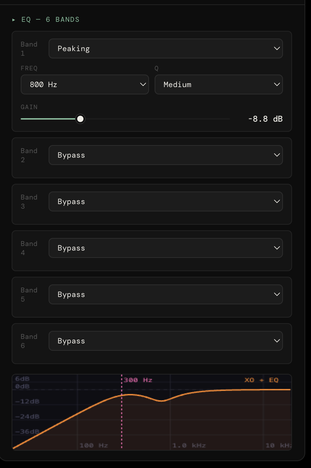Six-band parametric EQ per channel in XSCACE Studio, showing a peaking filter at 800 Hz with medium Q and negative gain