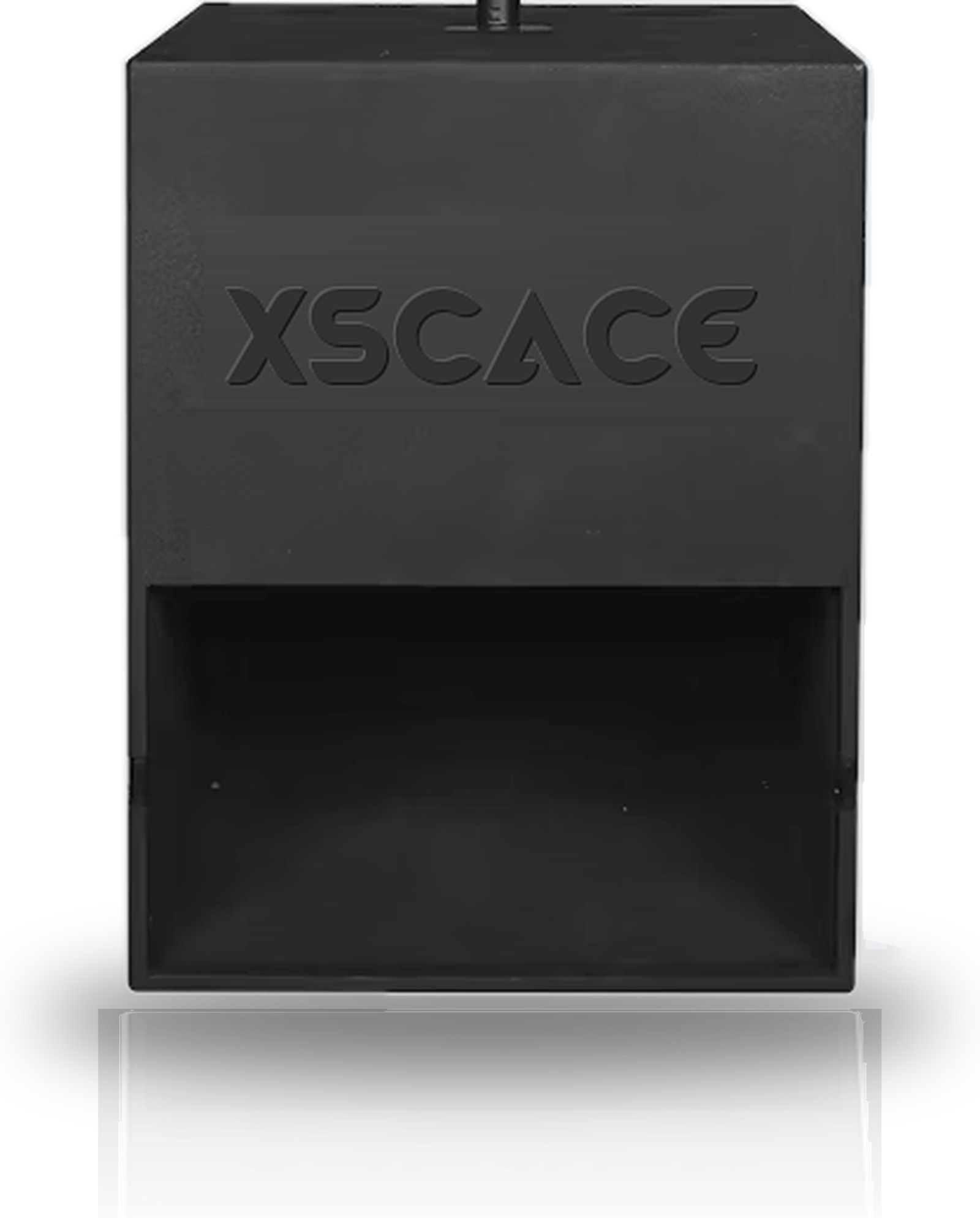 The XSCACE X182A 18-inch powered subwoofer photographed from the front, showing the horn-loaded mouth across the lower half of the cabinet and the moulded XSCACE logo above it.