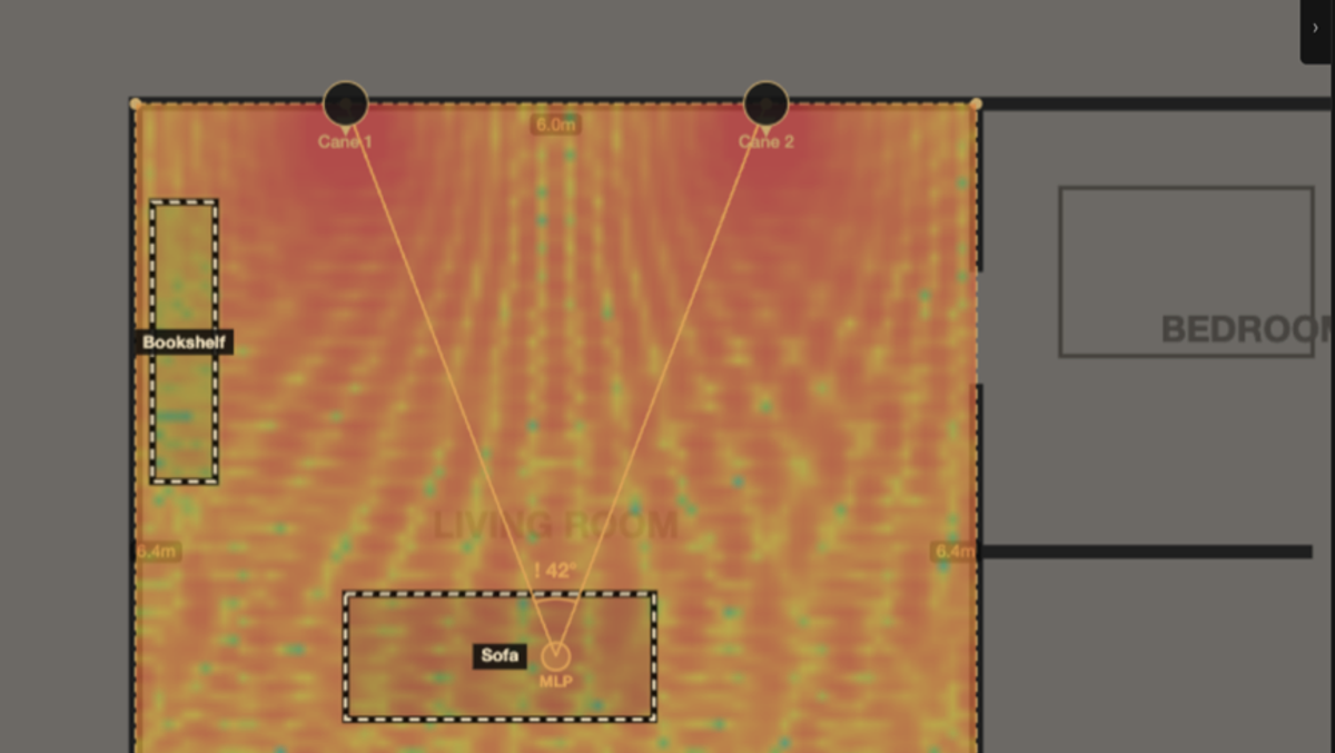 The L/R imaging tool in the XSCACE Floorplan Sound Simulation drawing the stereo triangle from the main speakers to the listening position, with the subtended angle read out at 42 degrees against the 45–60° target