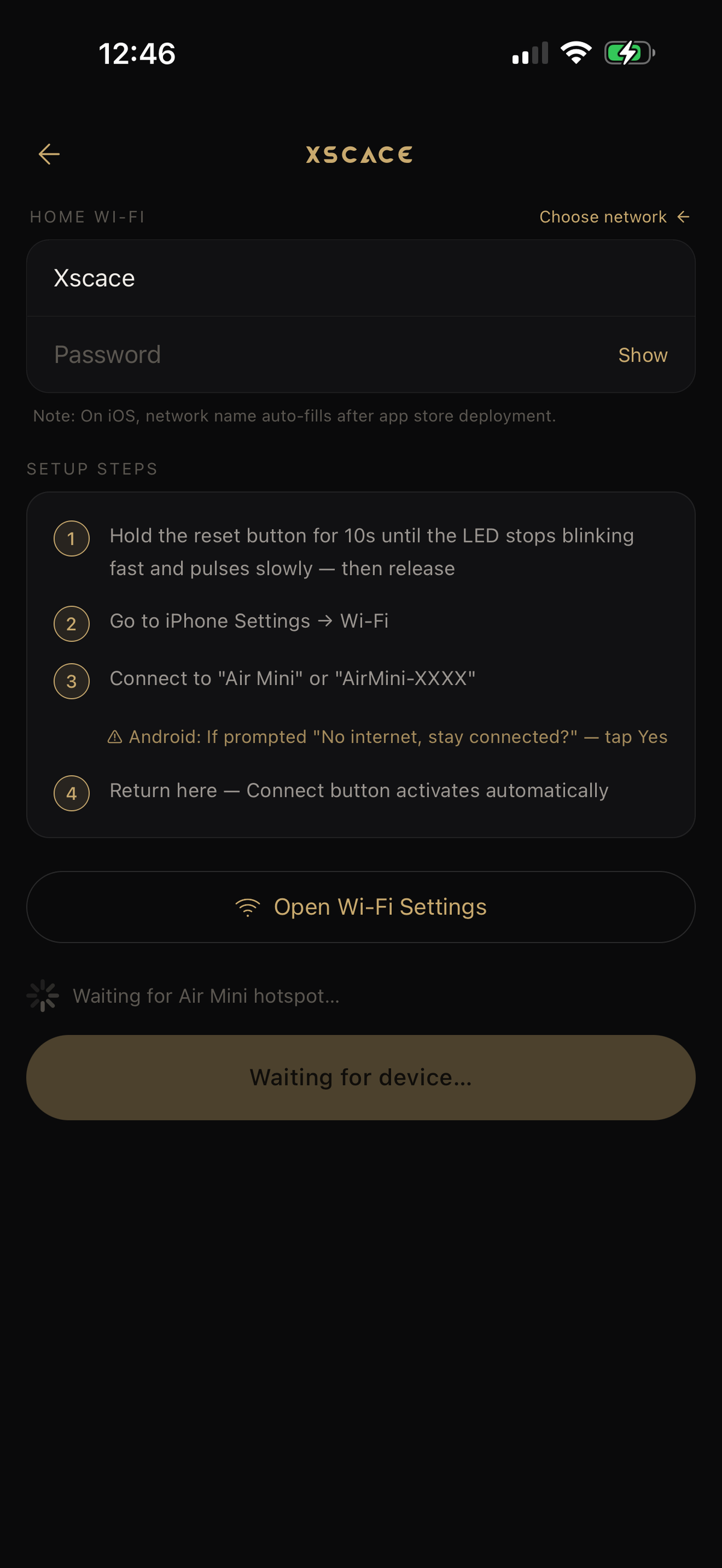 Wi-Fi credentials step in the XSCACE Controller guided setup flow on iOS