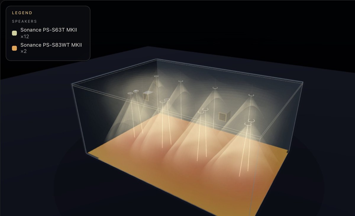 3D render of the F1 Hub simulator room in the XSCACE planner: twelve pendant speakers and two pendant subwoofers over the sim bays, with predicted coverage on the floor