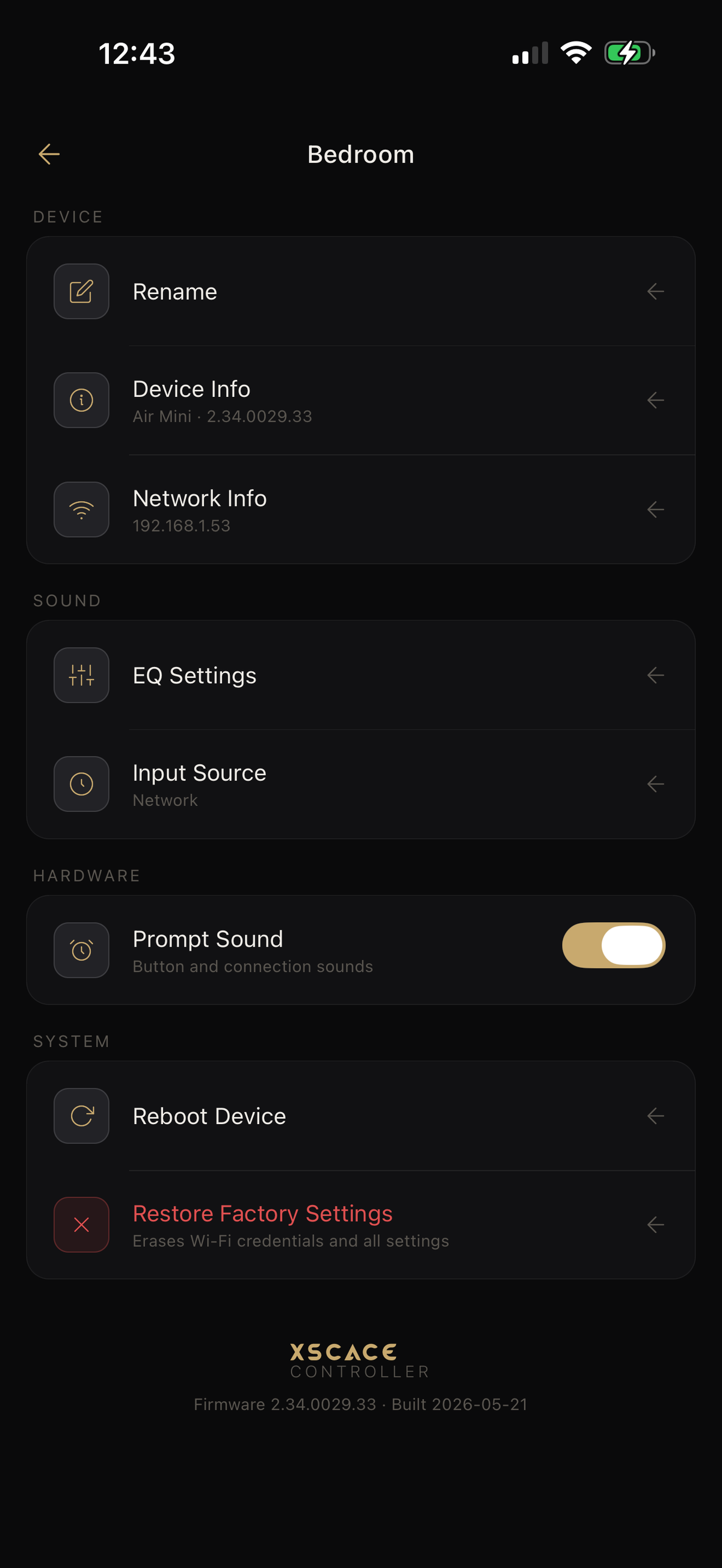 Settings screen in the XSCACE Controller app