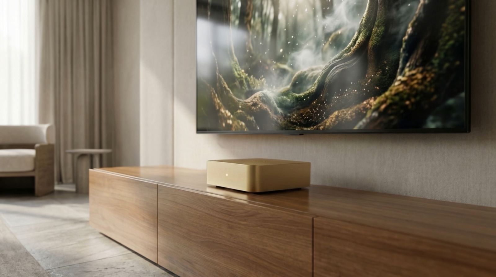 The XSCACE Xylem 4 four-channel DSP amplifier in champagne gold, on a wooden console beneath framed artwork — 400W across four channels