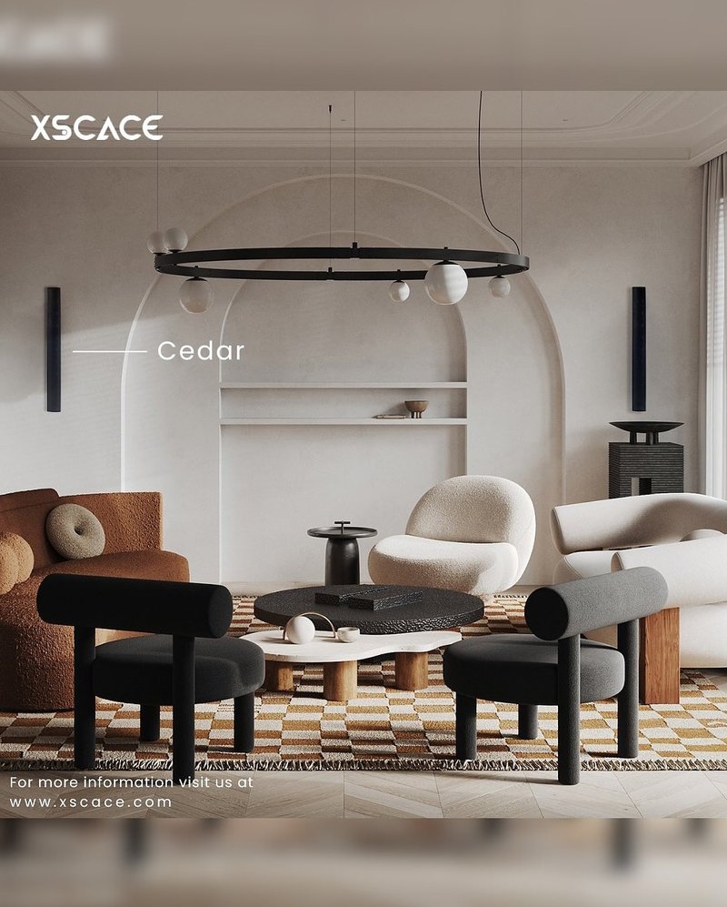 Design studio living room with an arched plaster niche and an XSCACE Cedar speaker mounted beside it
