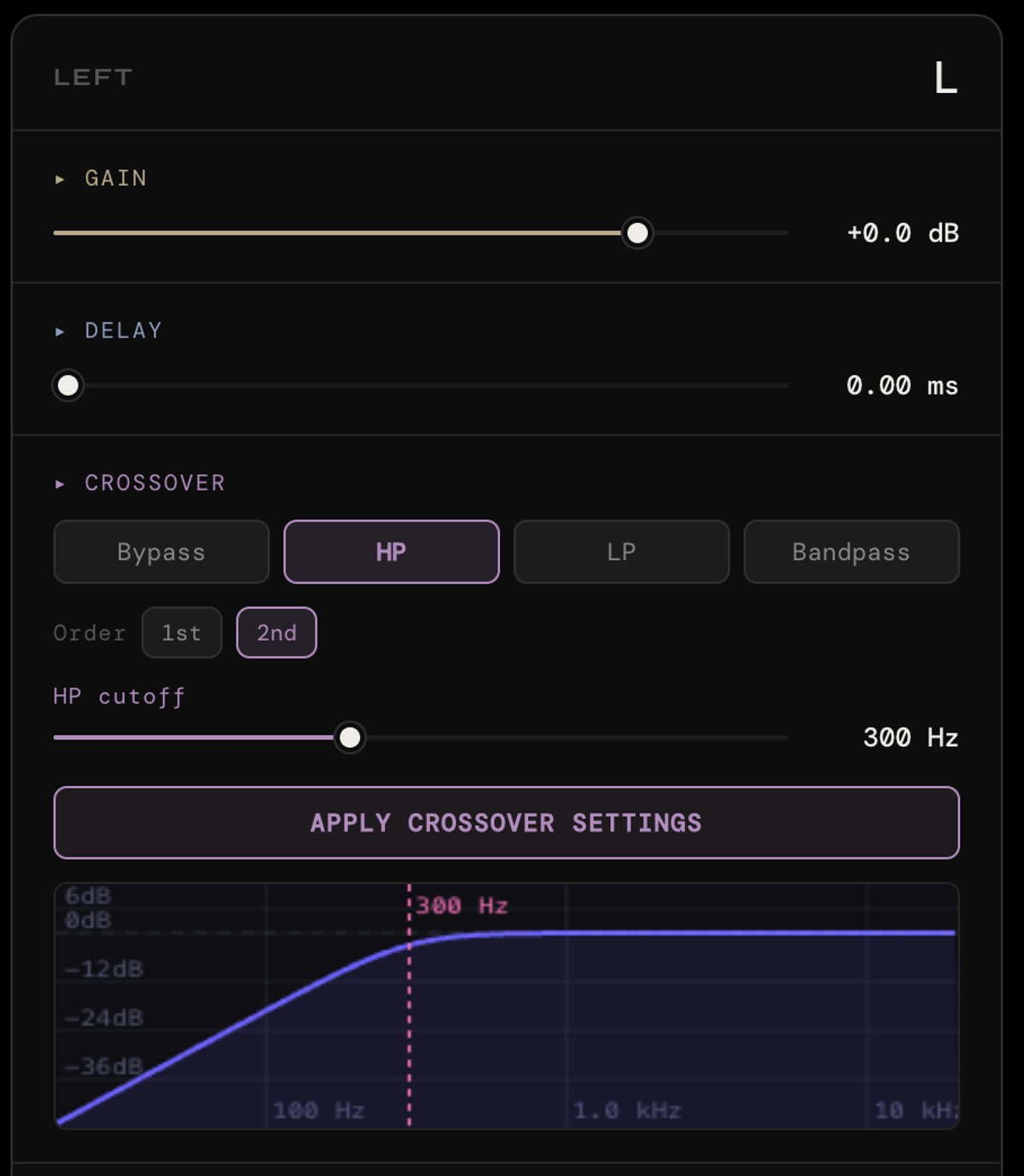 XSCACE Network Controller gain, delay, and crossover filter controls