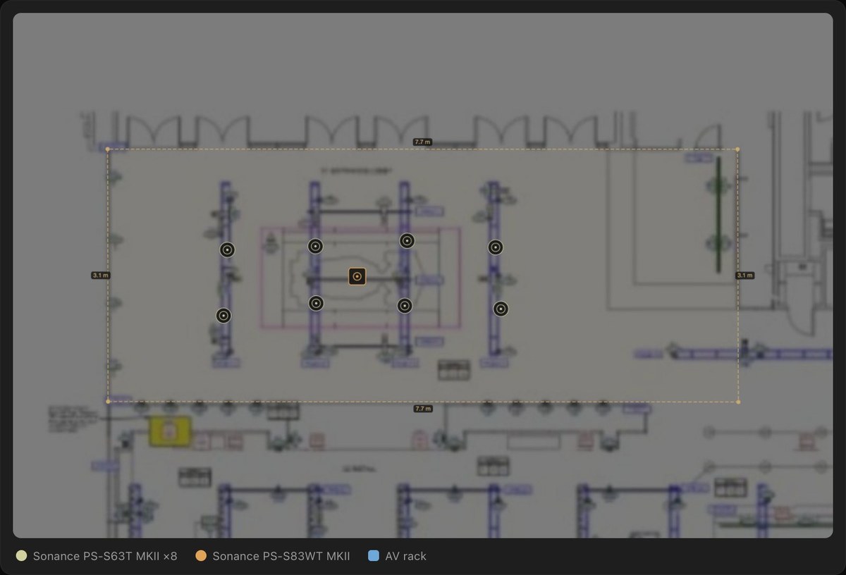 Floor plan of the F1 Hub lobby with eight pendant speakers and one subwoofer placed over the architectural drawing