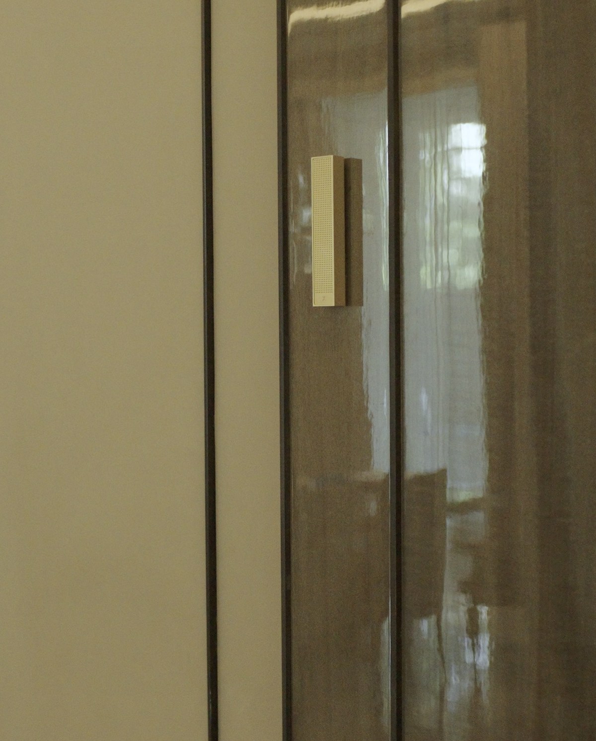 XSCACE Bonsai speaker mounted on a high-gloss lacquered walnut wardrobe panel