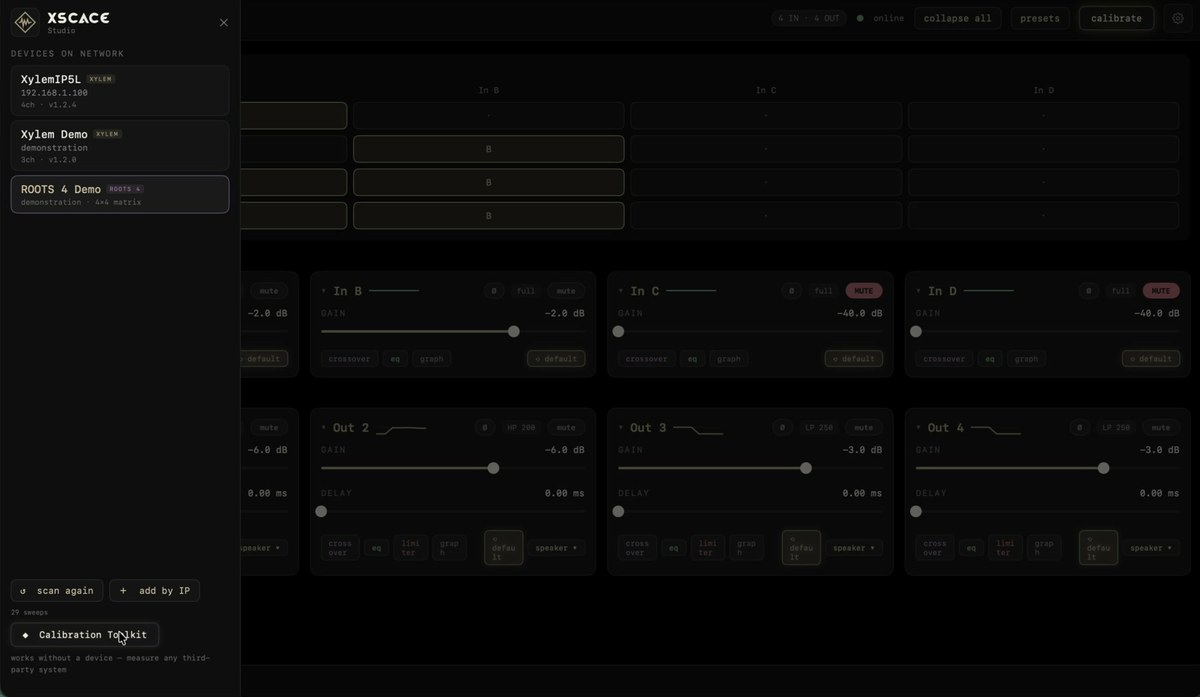 XSCACE Studio device discovery panel listing two Xylem amplifiers and a ROOTS 4 unit found on the network