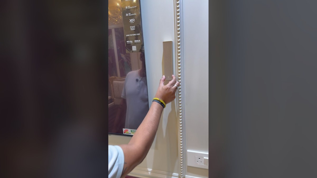 Karan Sethi of Qube Designs touching an XSCACE Cane slim array speaker in matte champagne on a moulded wall panel beside a television