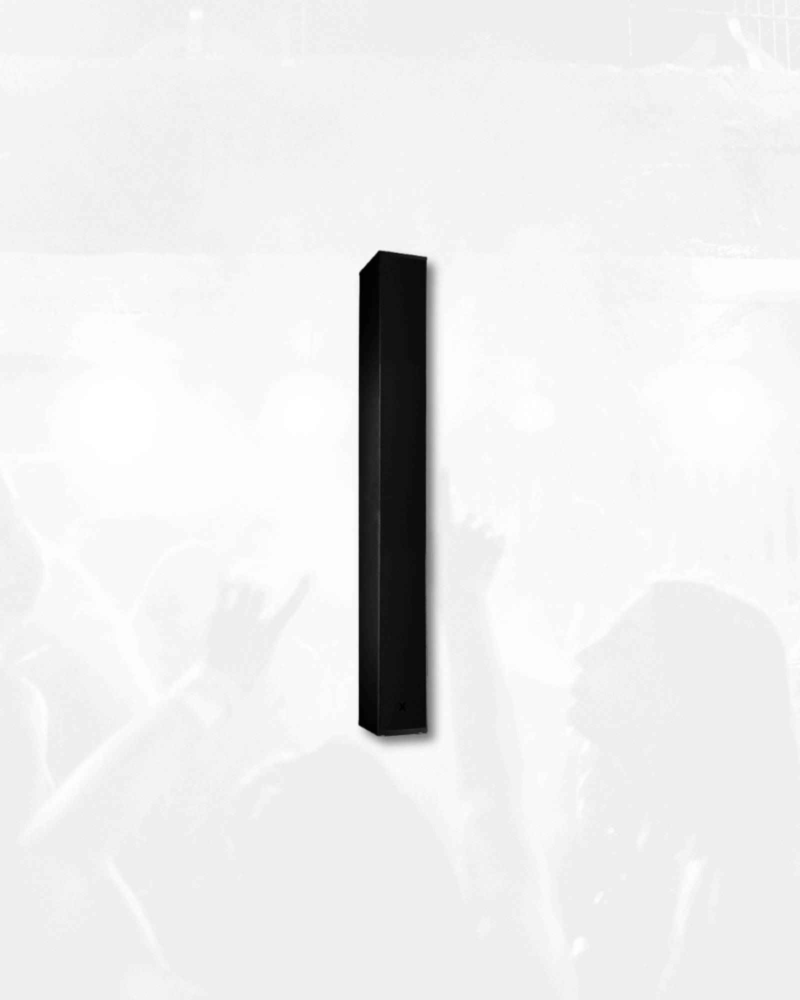 Studio render of the ultra-slim XSCACE Banyan Canopy outdoor line array speakers in a matte black finish, showcasing its minimalist architectural design.