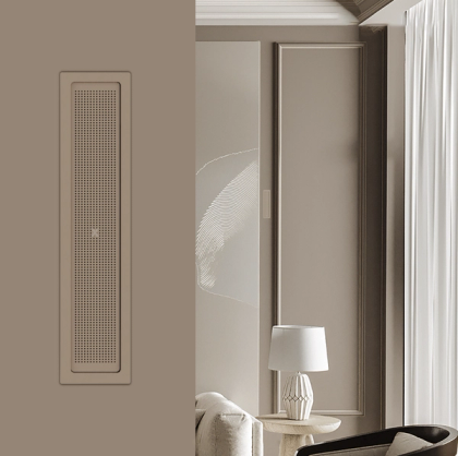 A 3D product render of the XSCACE Cane architectural in-wall speaker module, showcasing its slim rectangular design, luxury champagne gold finish, and precision micro-perforated metal grille.