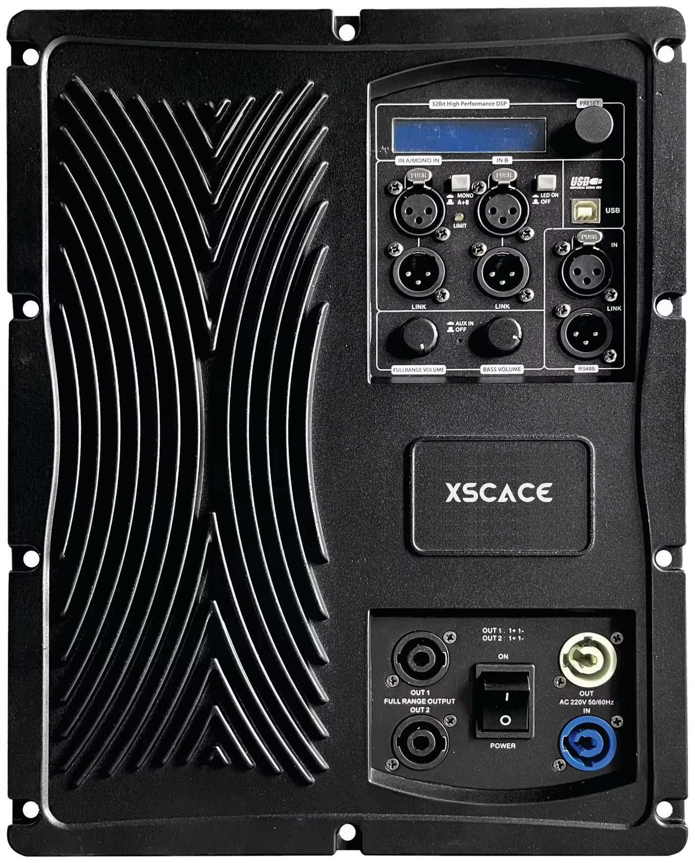 Annotated rear panel of the XSCACE X182A powered subwoofer.