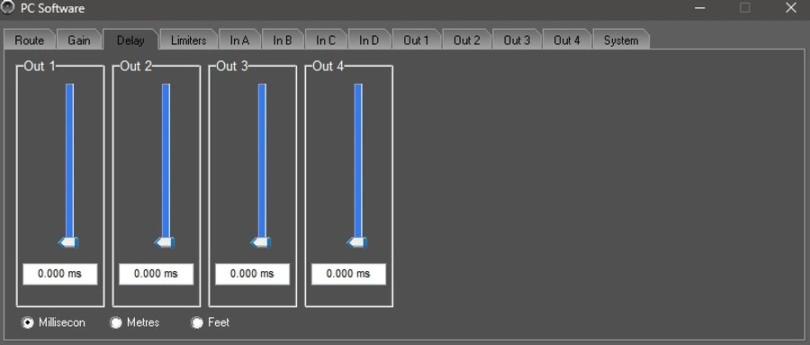 Output delay in milliseconds, metres or feet