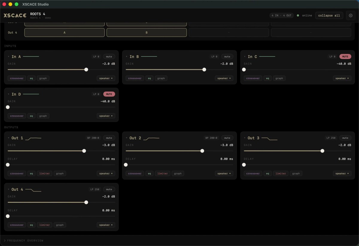 XSCACE Studio on macOS showing the Root 4 outputs section: outputs 1 to 4 each with crossover, EQ, limiter and graph controls, gain and delay sliders, and the routing matrix visible above.
