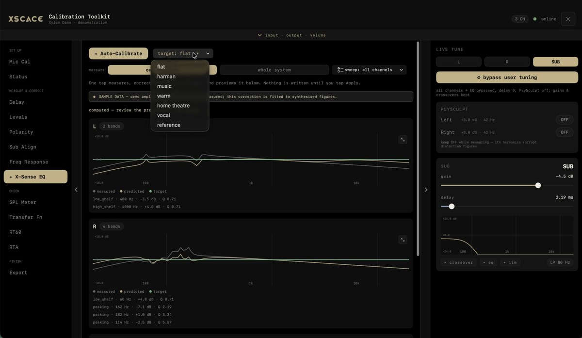 The X-Sense screen in XSCACE Studio with measured, predicted and target curves overlaid per channel