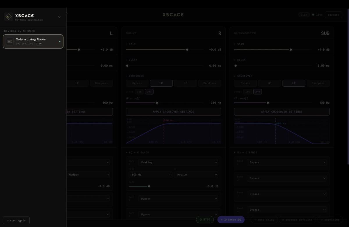 XSCACE Studio device list showing every Xylem amplifier discovered on the local network