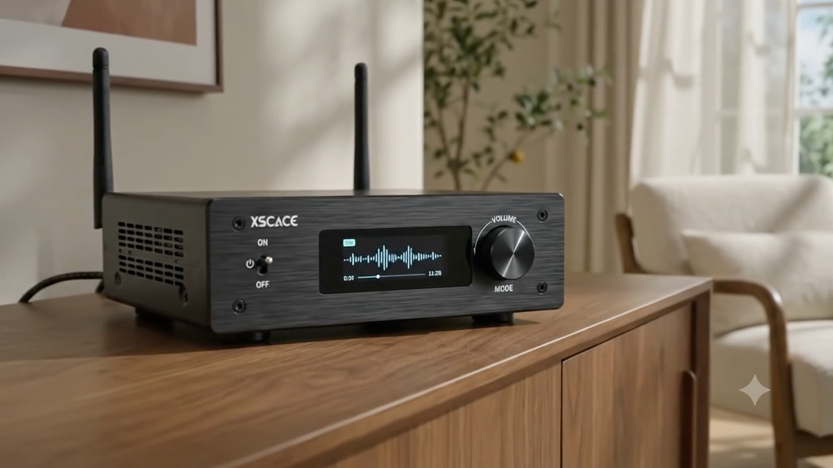 Isometric studio shot of the compact XSCACE Air Amp multiroom streaming audio amplifier, engineered for custom architectural audio systems.
