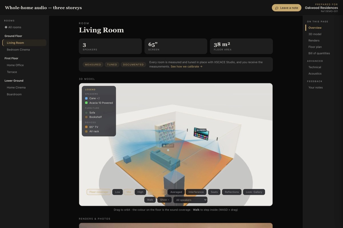A single room in the client view, with an interactive 3D model showing speaker coverage, the seat, the screen and a legend of every speaker, furniture item and device in the room.