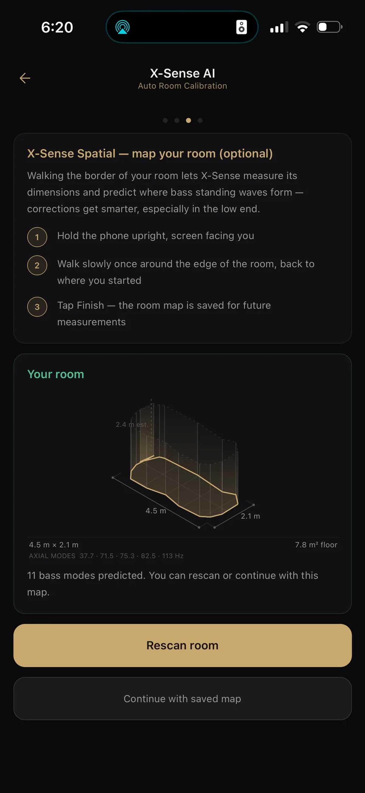XSCACE Controller X-Sense Spatial: the room mapped from a walk around its edge, with dimensions and predicted bass modes