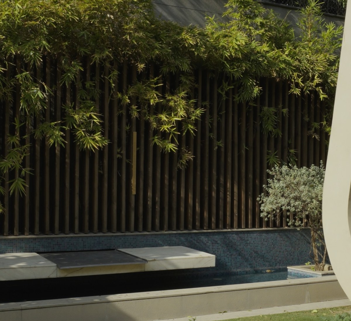 XSCACE QuadCane speaker mounted on a dark timber privacy fence beside a mosaic-tiled swimming pool