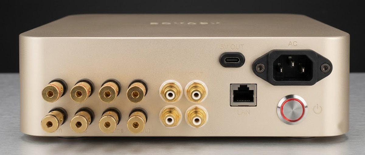 The rear panel of the XSCACE Xylem DSP amplifier in champagne aluminium, with gold-plated RCA inputs and outputs, a USB-C 5 V output, a LAN port and an IEC mains inlet.