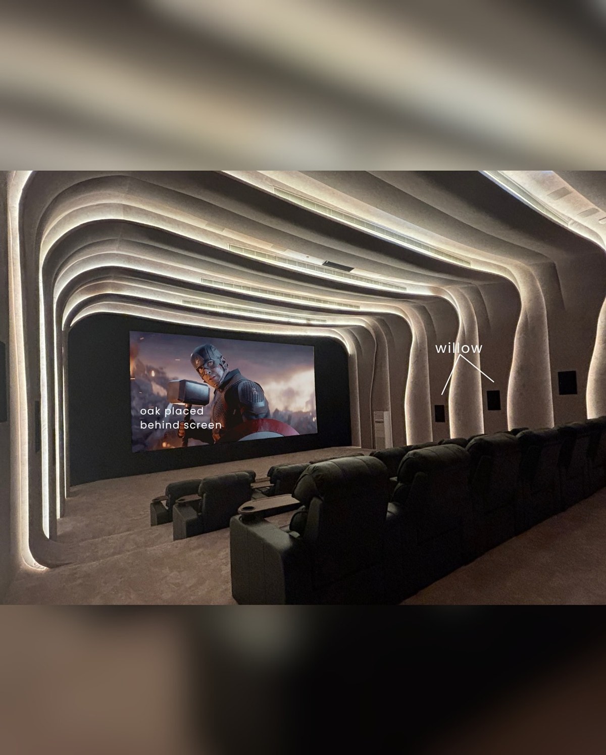 Sculptural private home cinema with tiered lighting, XSCACE Oak speakers behind the screen and Willow speakers on the side walls