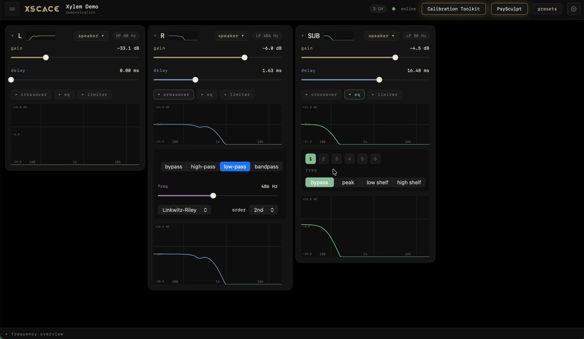 XSCACE Studio showing per-channel gain, delay, crossover mode and the response curve drawn live for left, right and subwoofer