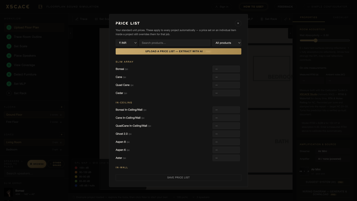 The price list — standard unit prices in your currency, applied across every project, with AI import