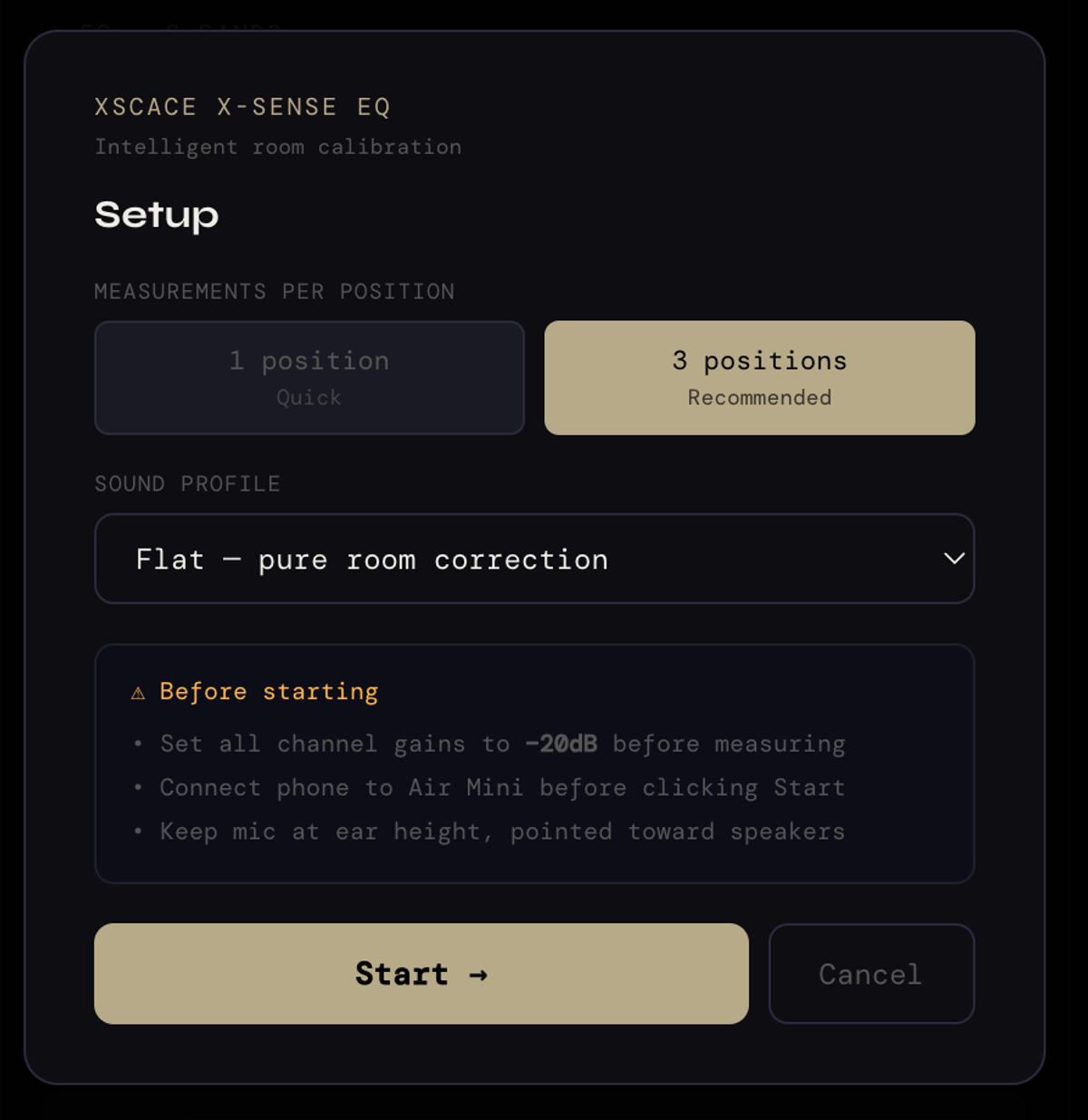 X-Sense Auto EQ room correction panel in XSCACE Studio