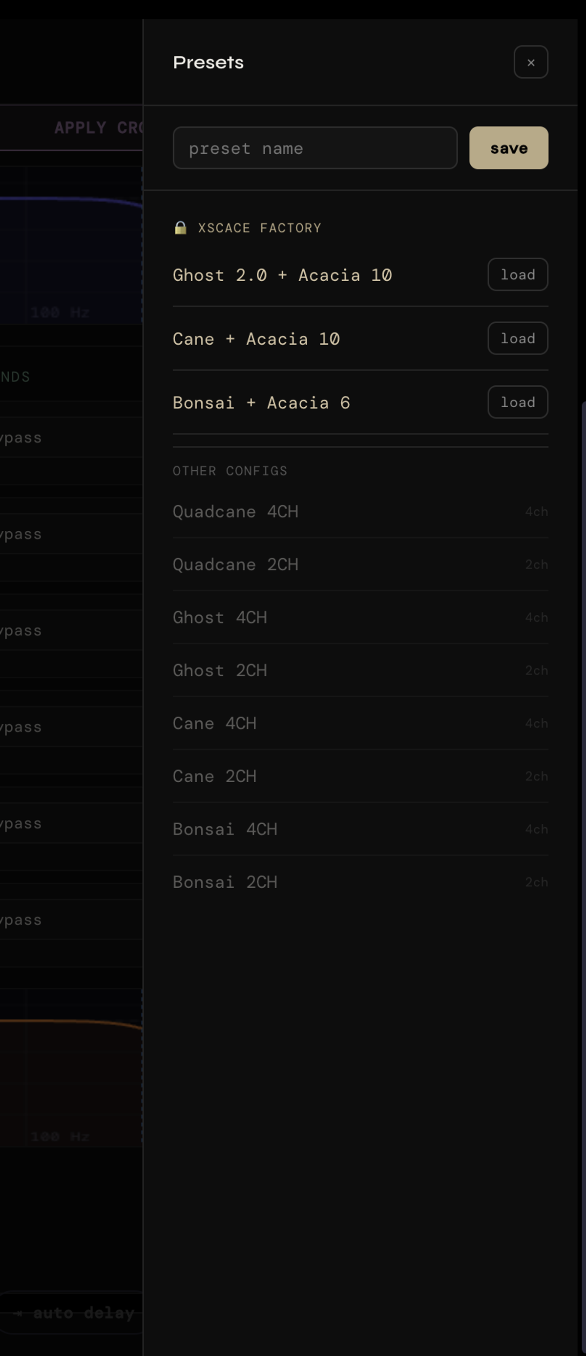 Presets panel in XSCACE Studio listing locked XSCACE factory presets and per-model 2-channel and 4-channel configurations