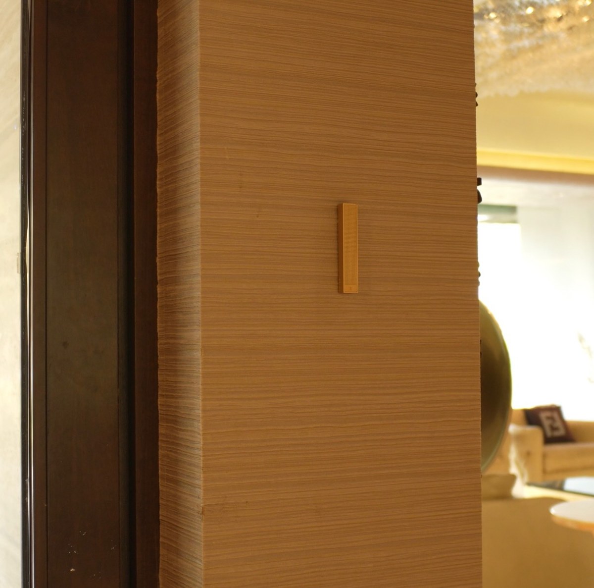 XSCACE Bonsai speaker mounted on a zebrawood pillar in a formal living and bar lounge