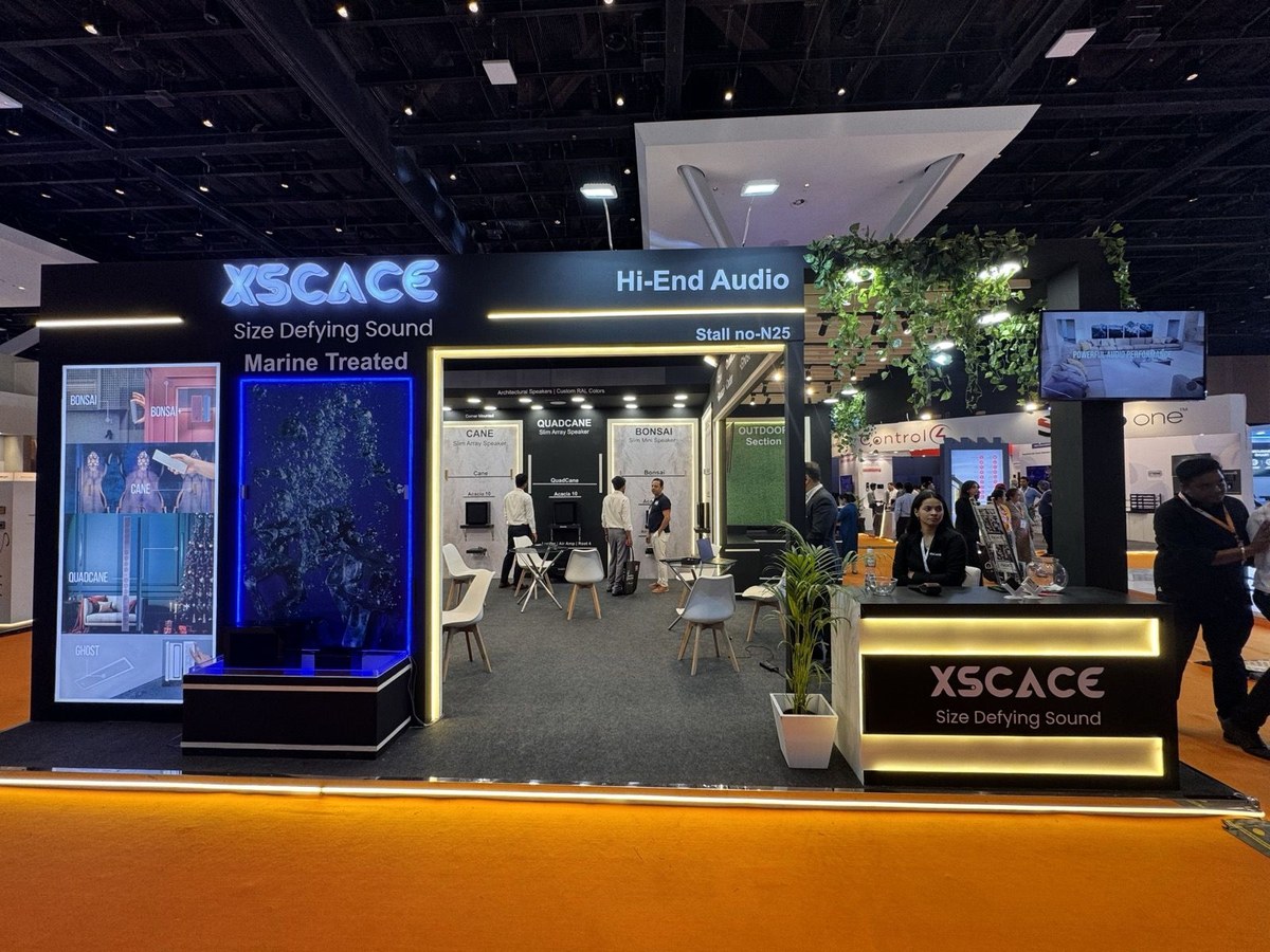 The entrance to the XSCACE stand at Smart Expo 2026, stall N25, with a backlit water feature display, Marine Treated signage and the Hi-End Audio gantry above, opening onto the seating and demonstration area