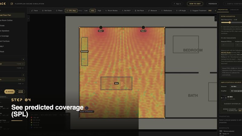 The XSCACE Floorplan Sound Simulation tool showing predicted SPL coverage across a traced floor plan