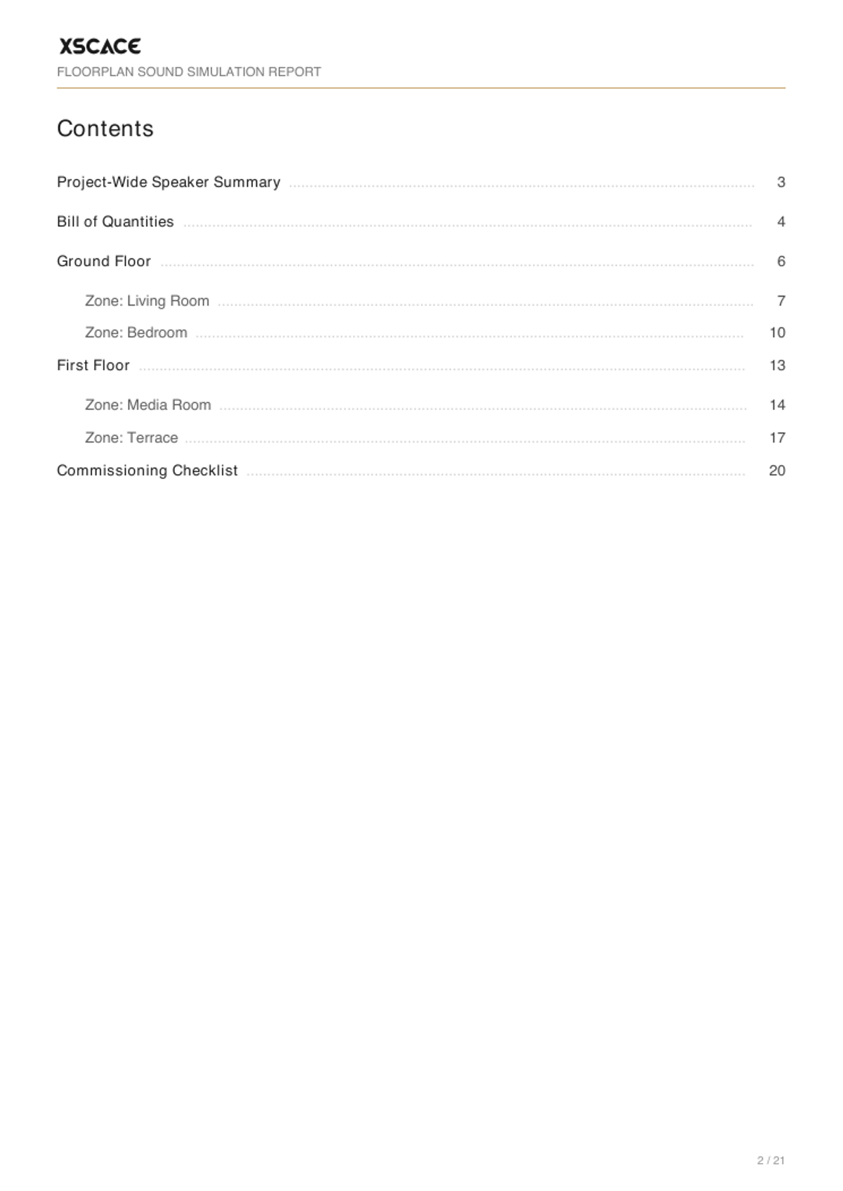 Contents page of the generated client report, showing the indexed sections a client can navigate