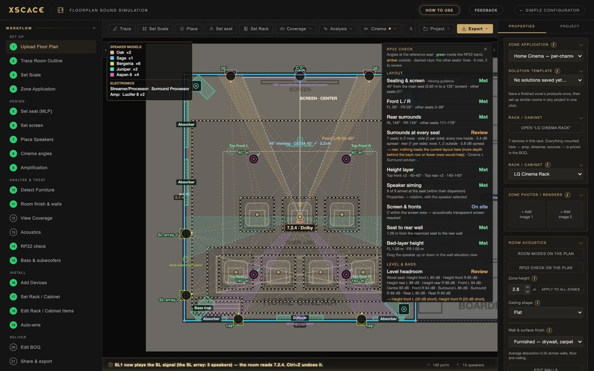 The CEDIA/CTA RP22 check panel in XSCACE Floorplan Sound Simulation, each row marked met or review