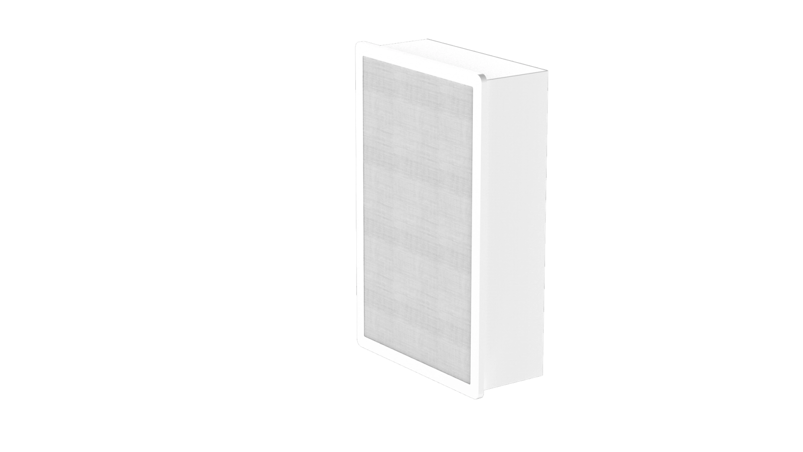 Isometric three-quarter view of the XSCACE Acacia 10 in wall passive white architectural in-wall speaker featuring a minimalist rectangular frame and textured acoustic fabric grille.