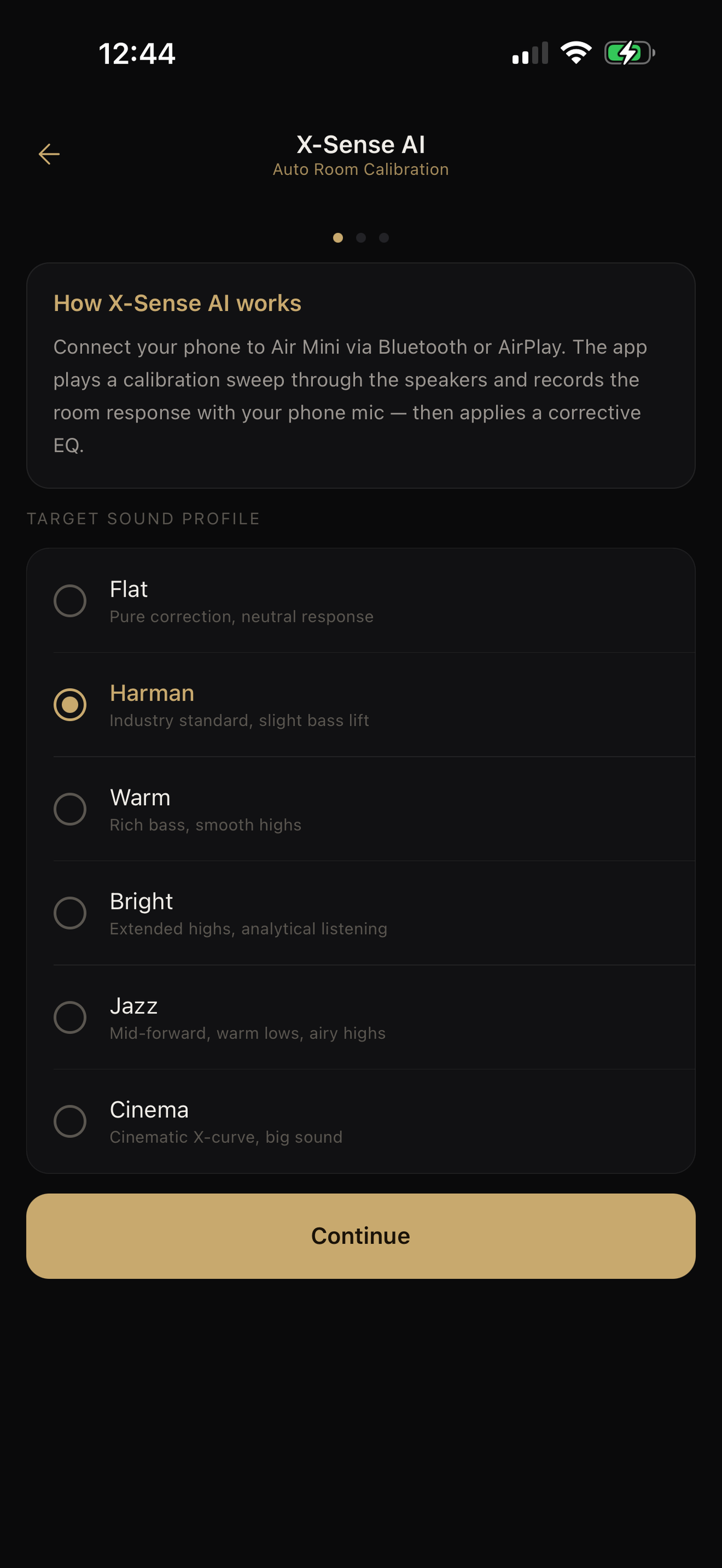 X-Sense AI auto room calibration screen listing six target sound profiles: Flat, Harman, Warm, Bright, Jazz and Cinema